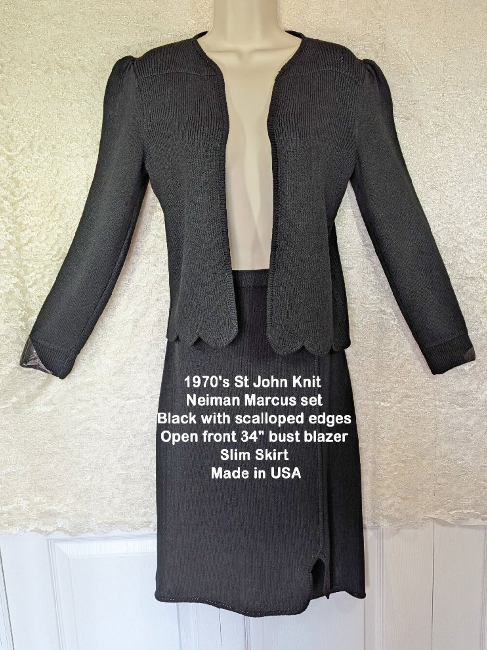 Early 1970's St John Knit Neiman Marcus set, Black, Scalloped edges, Open front